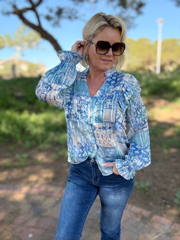 Frill mix blouse blå