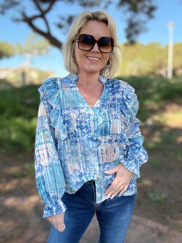 Frill mix blouse blå