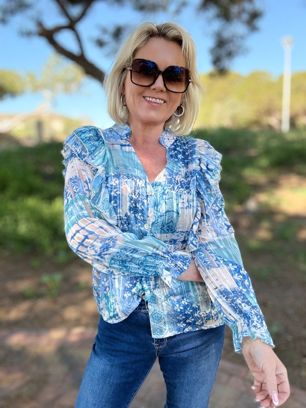 Frill mix blouse blå